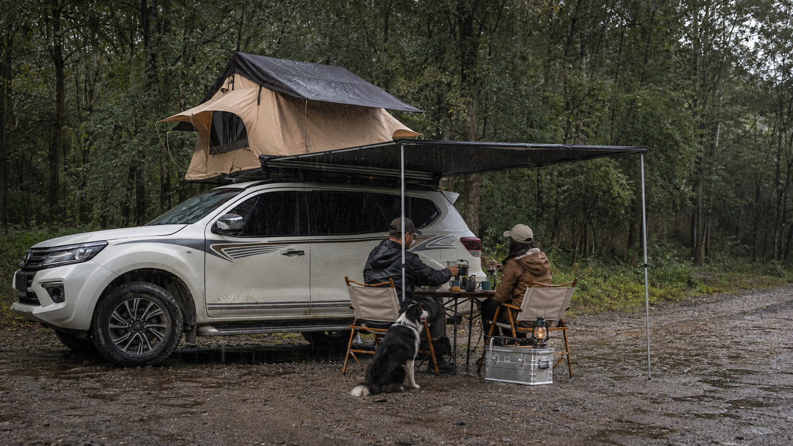 Espace abrité sous l'auvent de la tente ROADNEST par temps de pluie